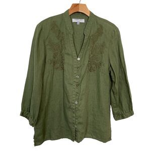 August Silk Options PL 100% Linen Green Blouse Floral Embroidered Button Up Top